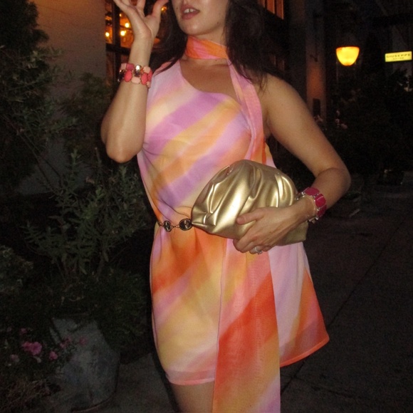 Pink & Orange Cocktail Mini Dress - Size M - Picture 1 of 4